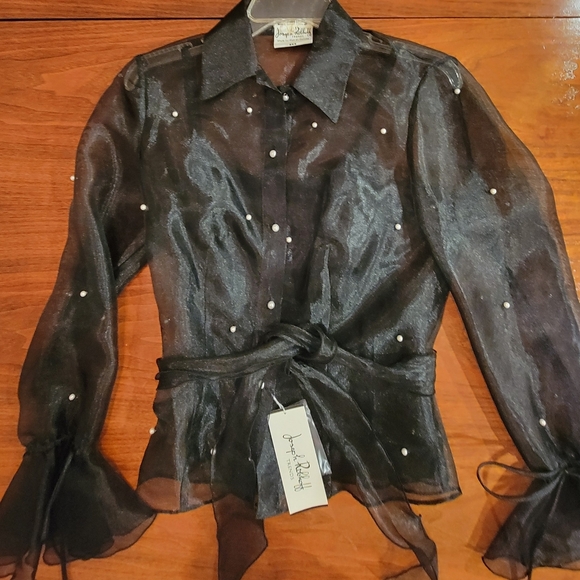 Joseph Ribkoff Black Sheer Organza Blouse Faux Pearls Bell Sleeve Tie Waist NWT4 - Picture 9 of 13